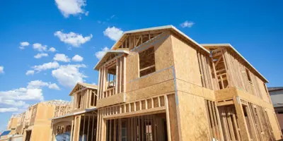 A mid-construction home that is made up of only wood with blue skies in the background