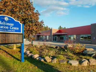 Exterior view of the Baltimore recreation centre with a sign that reads "Baltimore recreation centre"