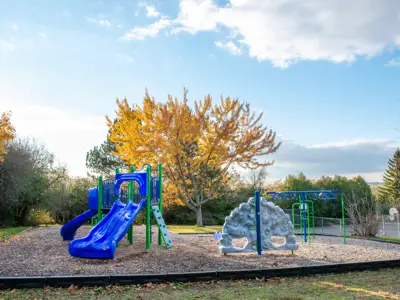Castlehill Park focused on a playground with three climbing structures surrounded by greenery