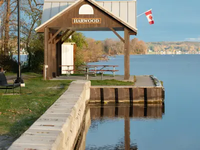 Harwood Waterfront Park gazebo with picnic tables and waterfront view of Rice Lake