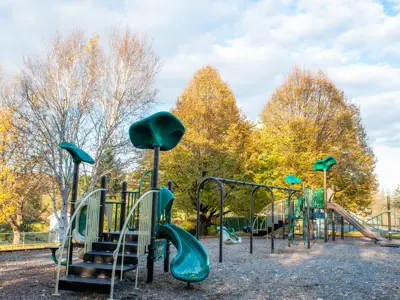 Buttersfield Park with views of two climbing structures and swings