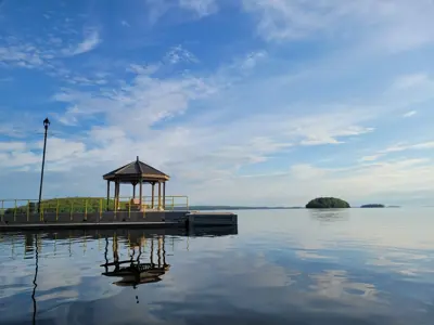 concrete pier with gazebo facing towards Rice Lake