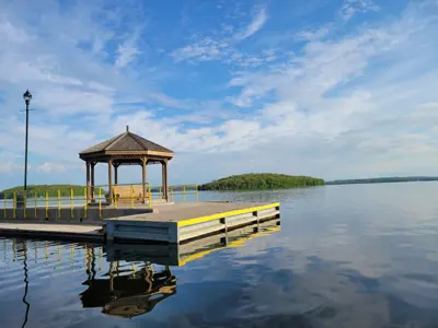 concrete pier with gazebo facing towards Rice Lake