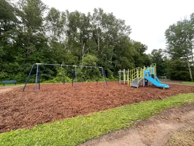 Laurel Park focused on a climbing structure with a slide and a swing set