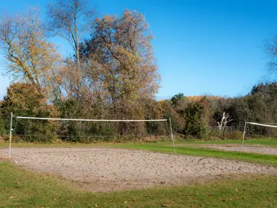 Baltimore arena volleyball courts with sand flooring and trees lining the background