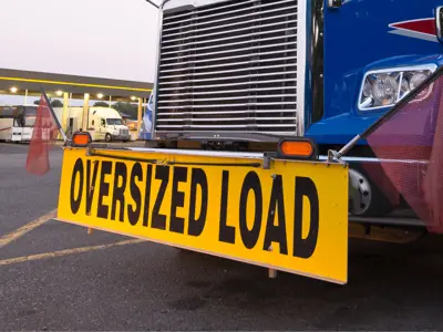 front of transport truck with a large yellow sign reading "oversized load"
