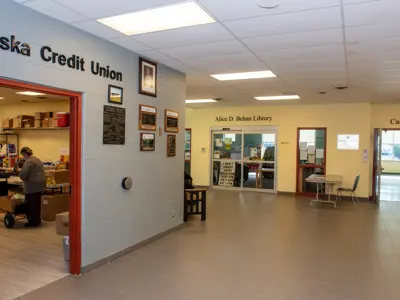 Interior of Bewdley community centre with the Ganaraska credit union and Alice D. Behan library in view