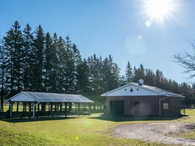 Baltimore arena picnic area focused on covered area with picnic tables and canteen
